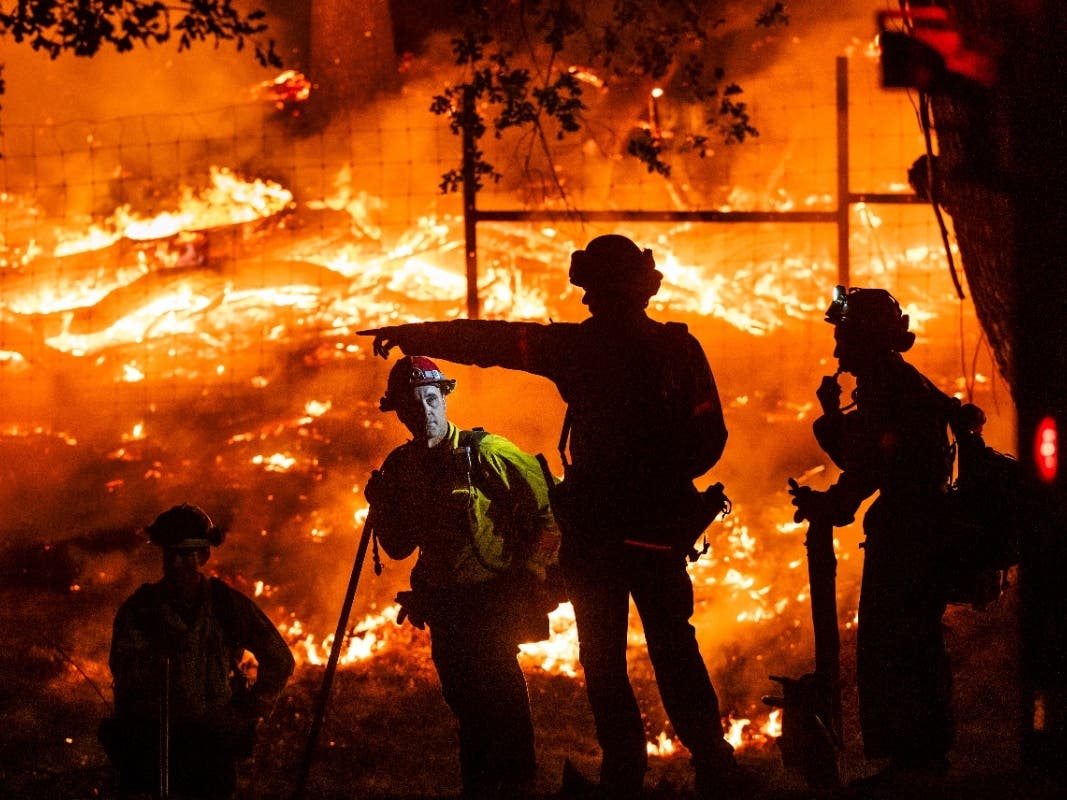 Firefighters battle the Pickett Fire burning in the Aetna Springs area of Napa County, Calif., on Saturday, Aug. 23, 2025. A man charged in the fire pleaded not guilty this week in a Napa County court. 