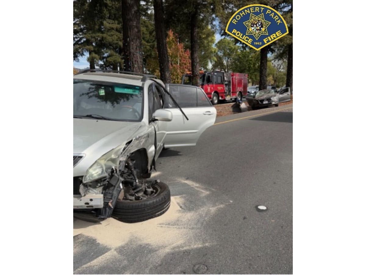 A vehicle struck a redwood tree in the median, and a vehicle overturned before landing upright, injuring three people.
