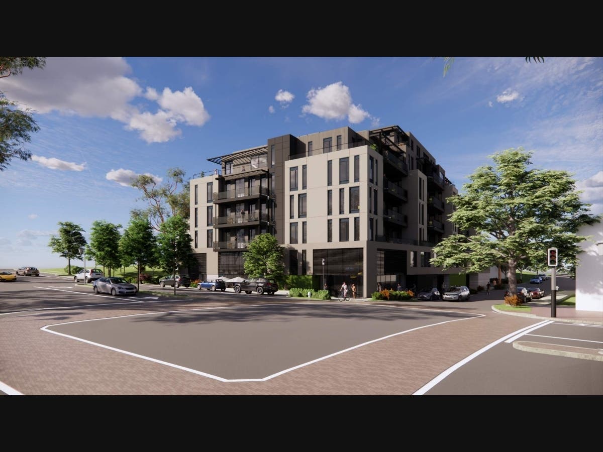 Plans for 3458 Mt. Diablo Boulevard would add a seventh floor but reduce the number of homes. A rendering shows the proposed development from across the boulevard, looking from the southeast.