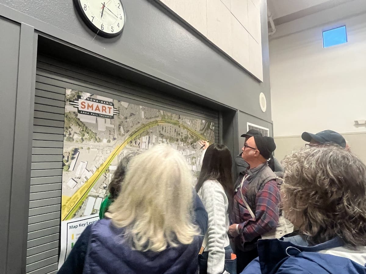 Residents questioned parking losses and accessibility at a meeting Oct. 22, 2026 to hear more about why SMART is considering moving a planned station from the Hudson Depot to Vine Street.