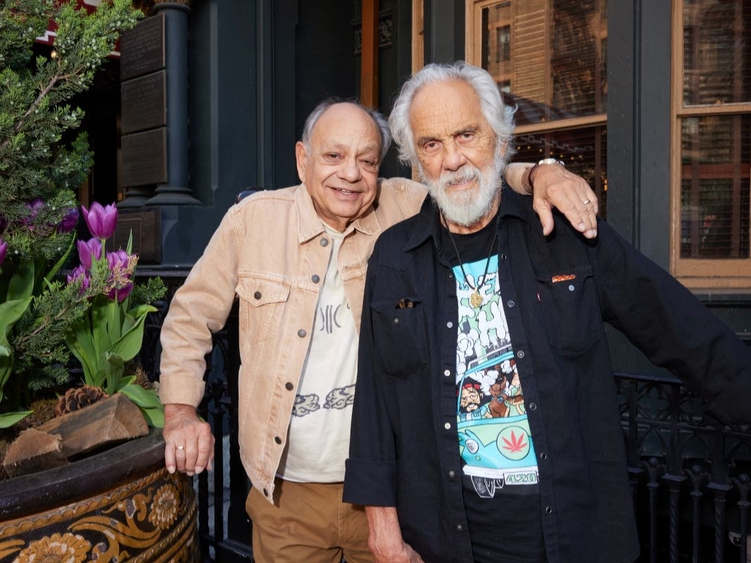 Cheech Marin, left, and Tommy Chong of Cheech and Chong pose for a portrait on in 2025. The two have opened a Forestville dispensary that pairs Cheech and Chong’s cannabis brand with local growers, herbal remedies, and an outdoor garden.