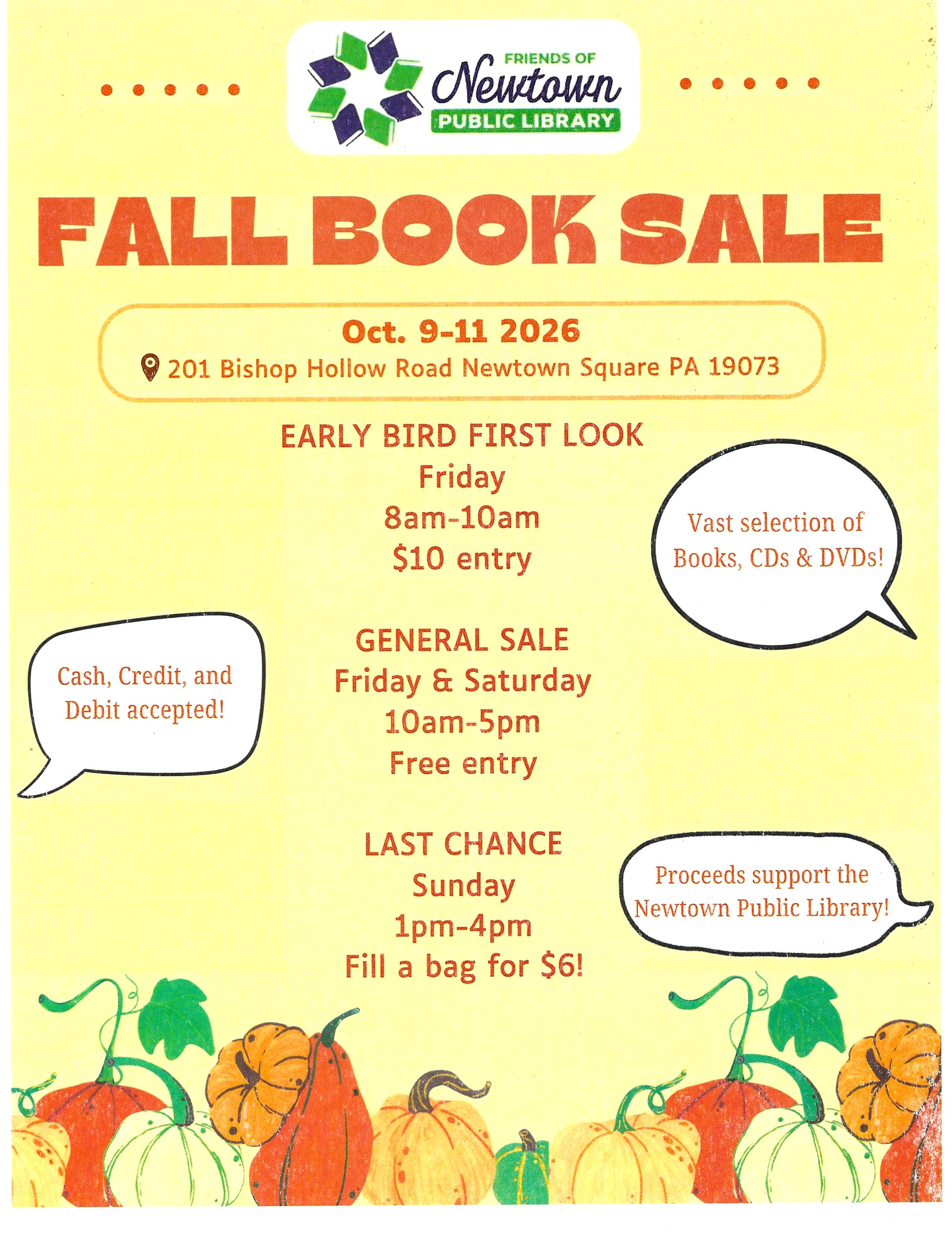 Friends of Newtown Public Library FALL BOOKSALE Oct 9-11