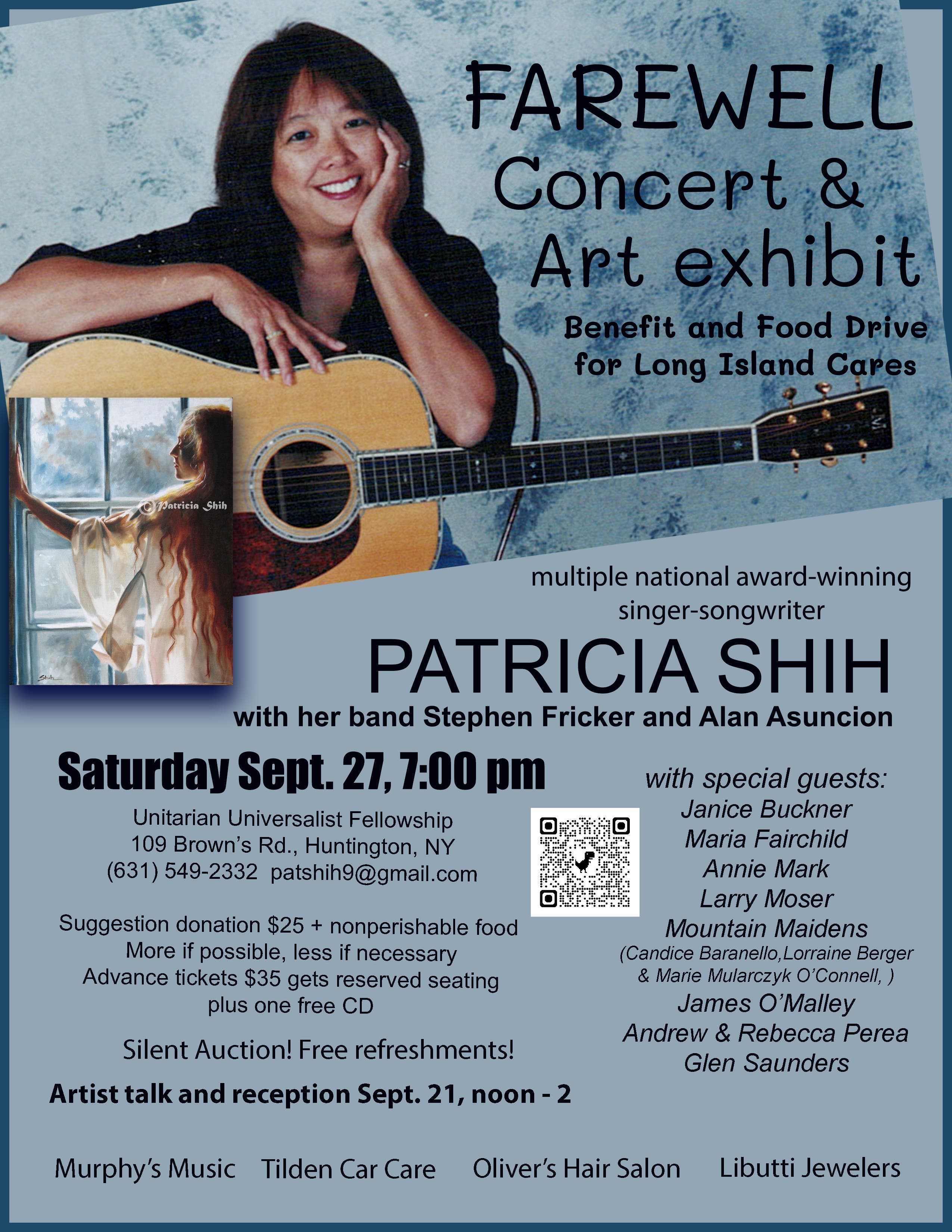Singer songwriter Patricia Shih & Friends in a Farewell Concert, Art exhibit and Fundraiser for LIC