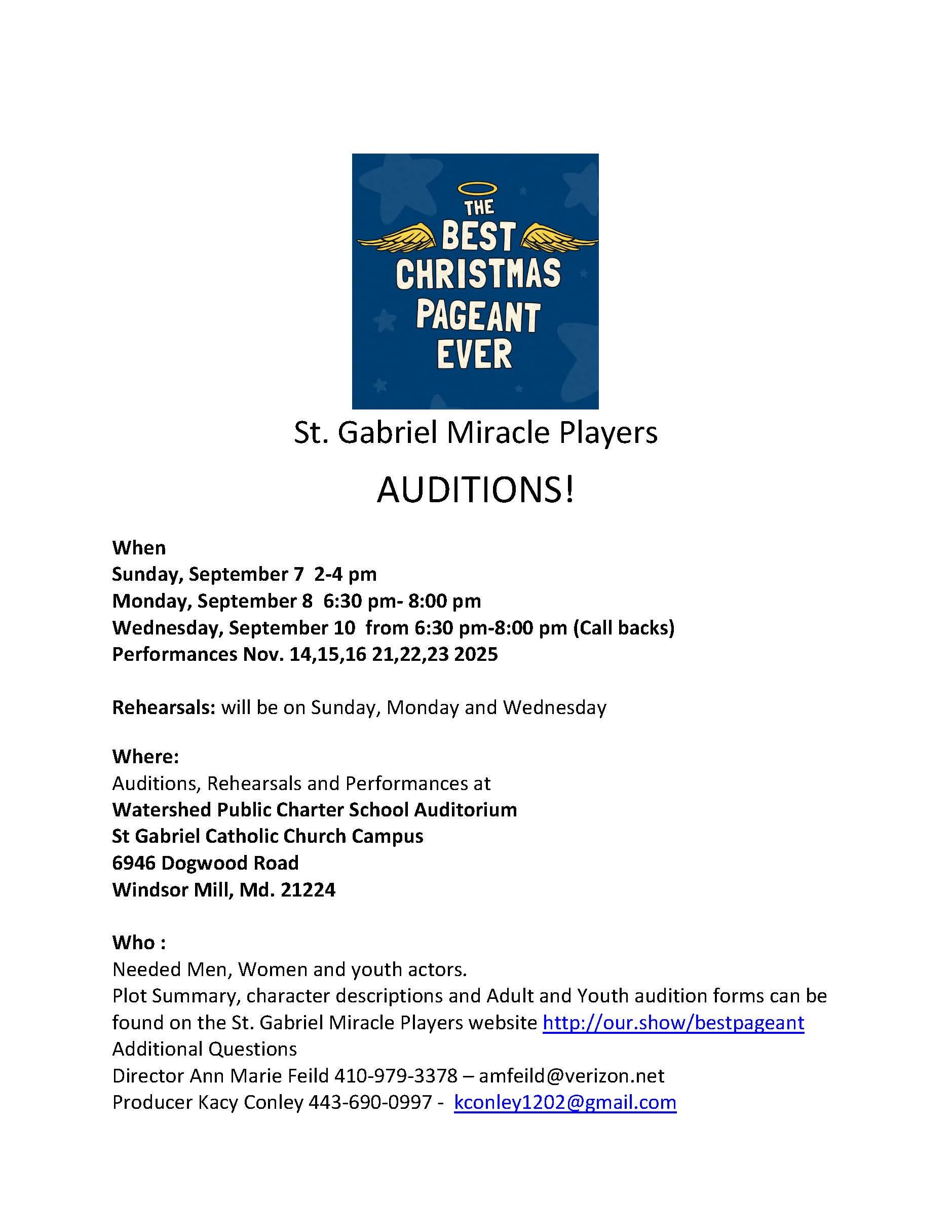 St. Gabriel Miracle Players AUDITIONS! for the play "The Best Christmas Pageant Ever"
