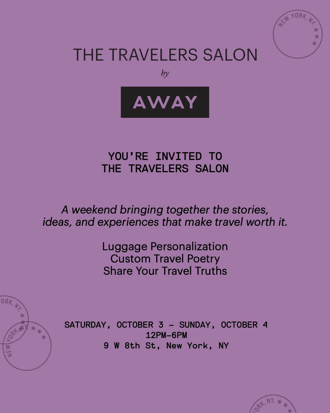 10/3–10/4: Away is Opening NYC Downtown Pop-up, “The Travelers Salon”