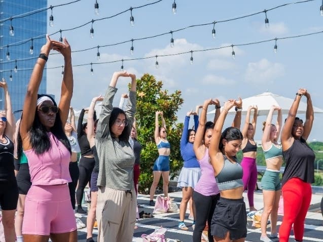Come for the sweat, stay for the social at the Rooftop Sweat + Social at Legacy West on Oct. 3.