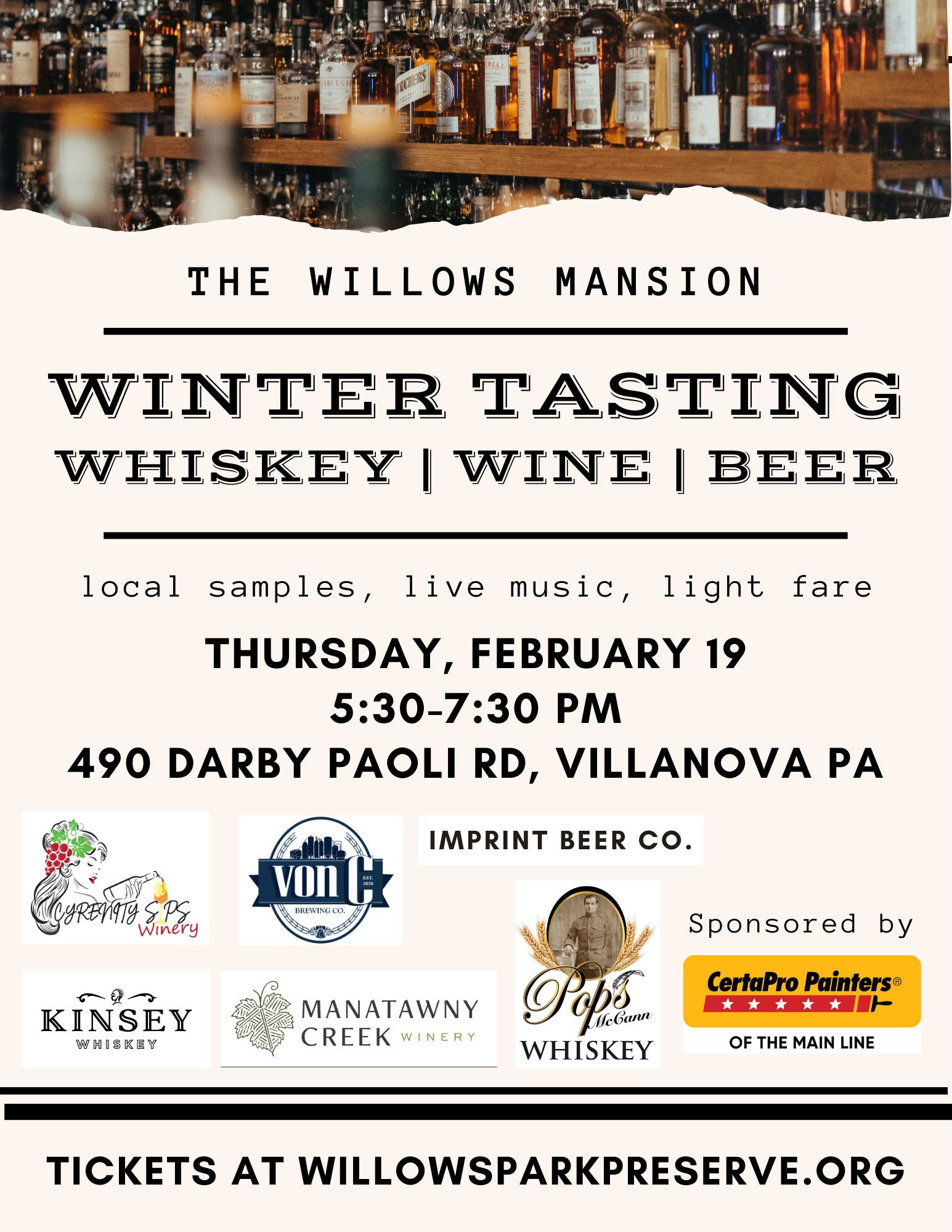 Winter Tasting (Whiskey, Wine, & Beer) at the Willows Mansion
