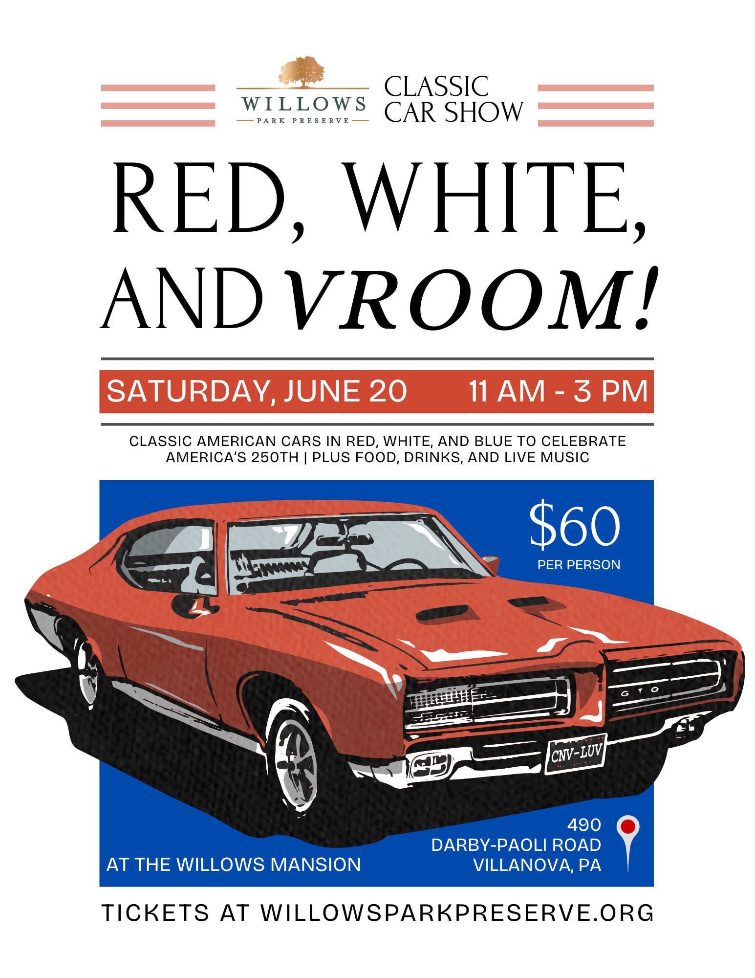 Red, White, and VROOM! Classic Car Show at the Willows Mansion