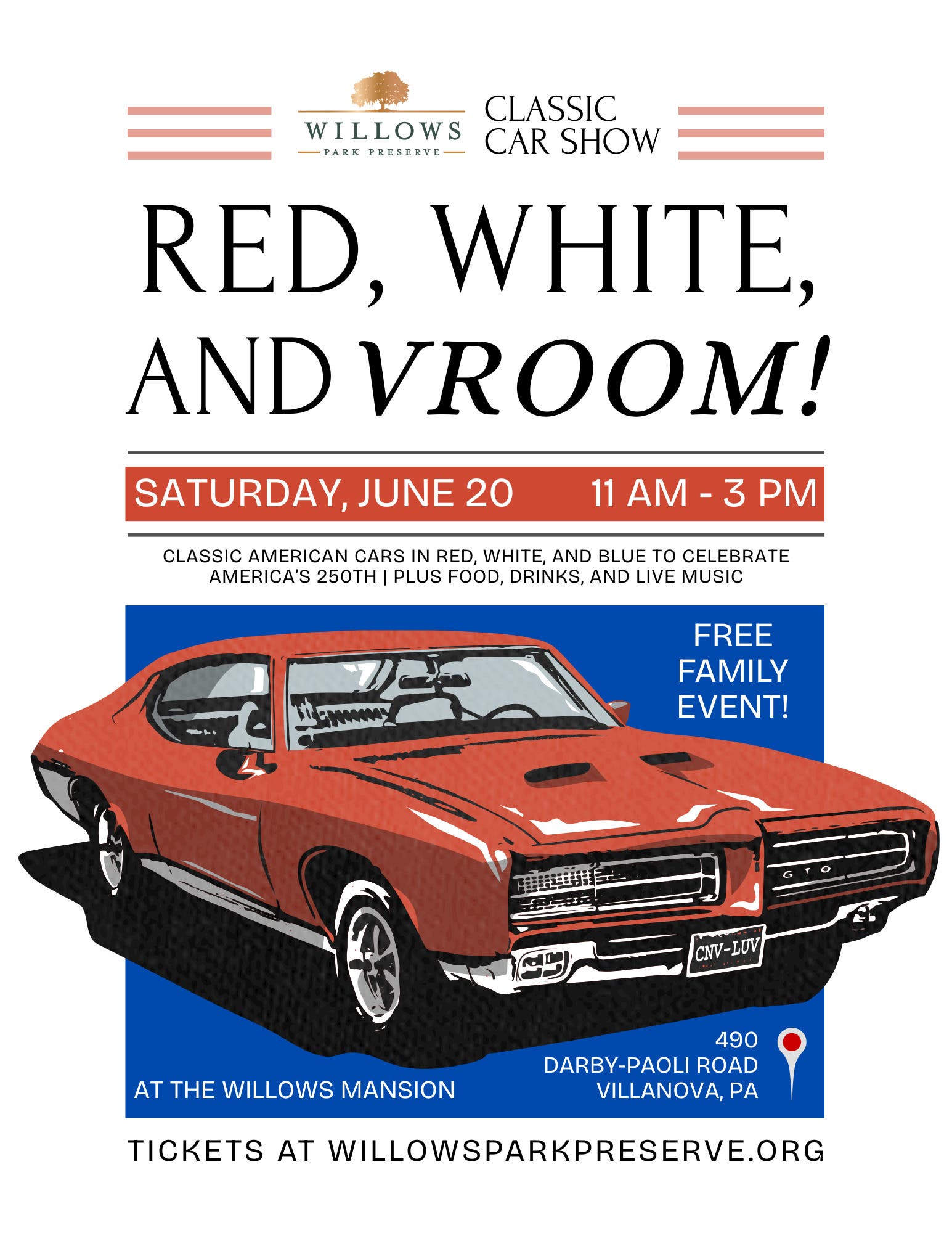 Red, White, and VROOM! Classic Car Show at the Willows Mansion