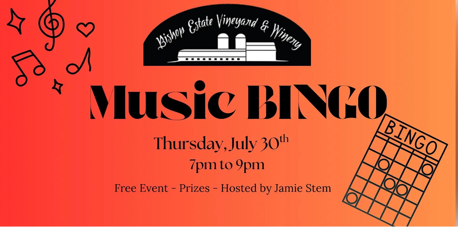 Music BINGO with Jamie Stem at Bishop Estate Vineyard & Winery