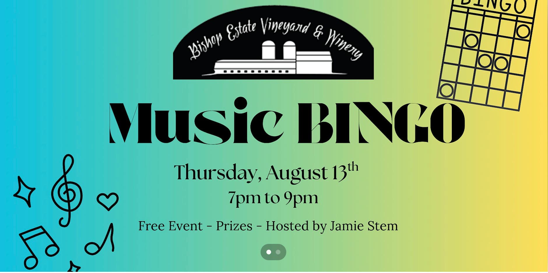 Share this event Music BINGO with Jamie Stem at Bishop Estate Vineyard & Winery
