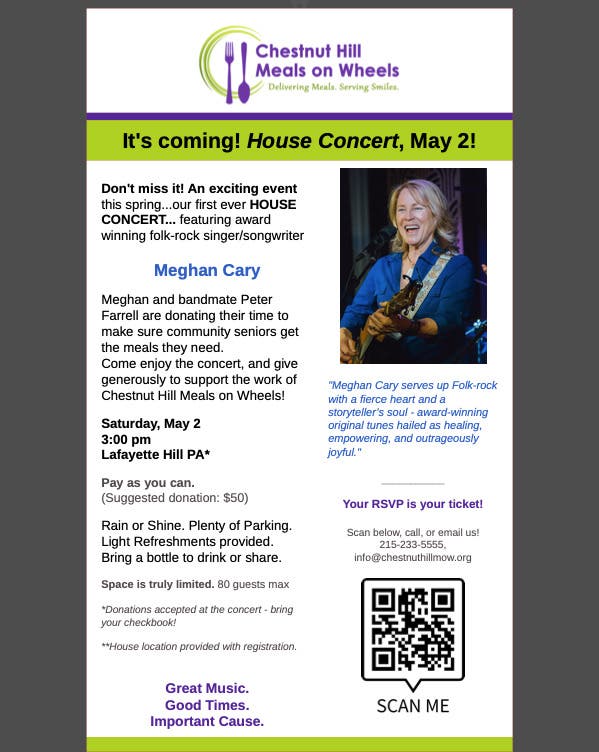 Local House Concert benefits Chestnut Hill Meals on Wheels
