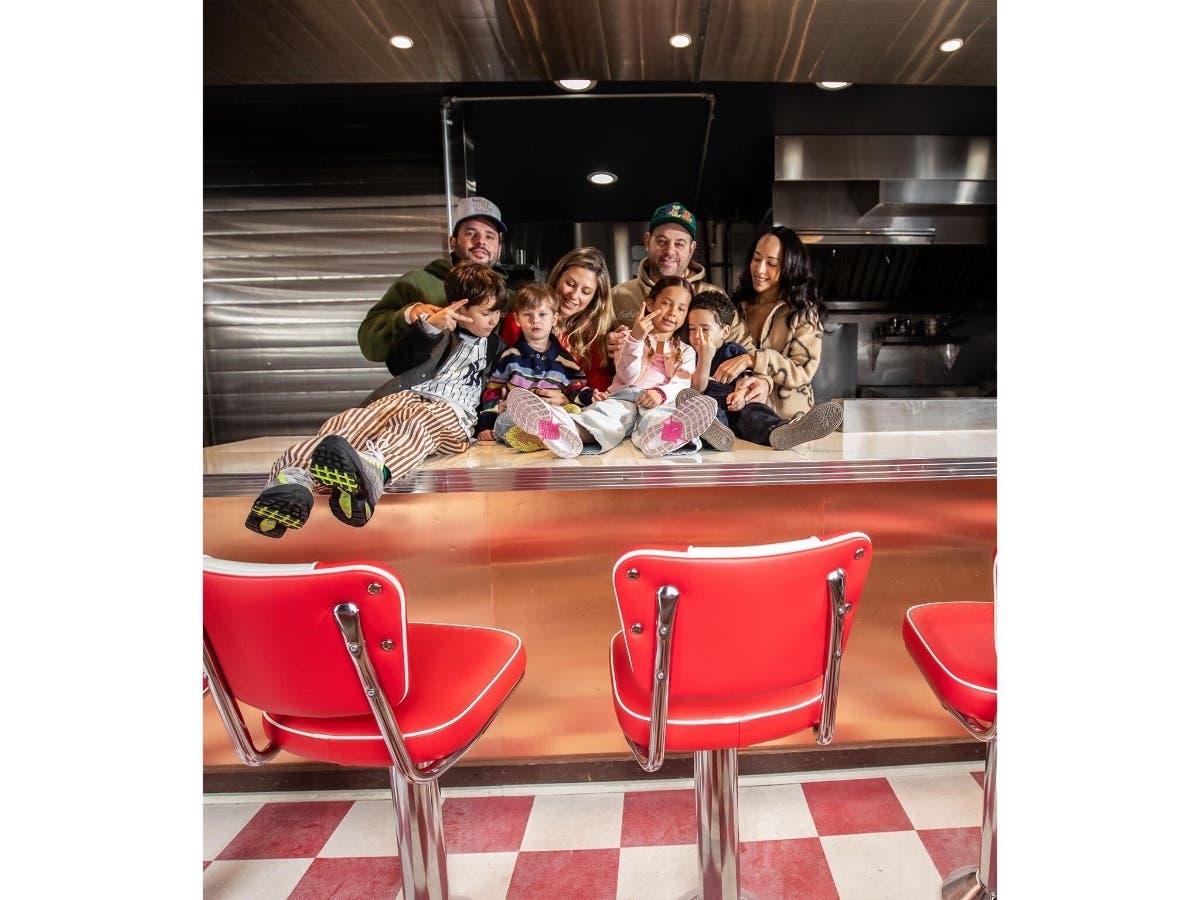 From left to right, back row: Julian Cavin, Martine Langatta, Jonny Shipes, Arielle Shapiro. Front row: Valentine Cavin, Teddy Cavin, Ella Shapiro, Elijah Shapiro.