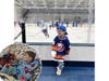 Caden in the hospital after his third open-heart surgery in March with his Sparky. / Caden at the development camp.
