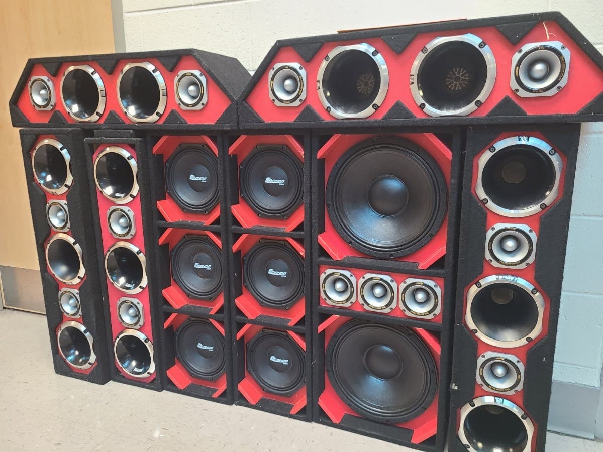 Eight speakers connected to a vehicle battery were seized by police after loud music prompted several 911 calls in the Smithtown and Hauppauge area on Tuesday night.