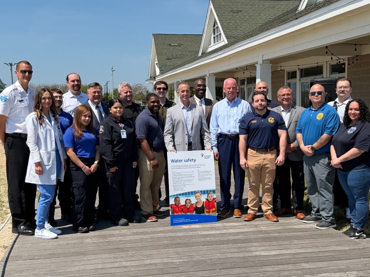Town of Babylon officials, county leaders, first responders, and healthcare representatives gathered at Tanner Park in Copiague for a pediatric drowning-prevention and water-safety event ahead of Memorial Day weekend.