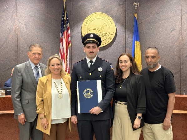 Suffolk County Legislator Rebecca Sanin honored Esteban Lopez as the District 16 EMS Professional of Distinction during the county’s annual EMS Recognition Ceremony in Hauppauge.