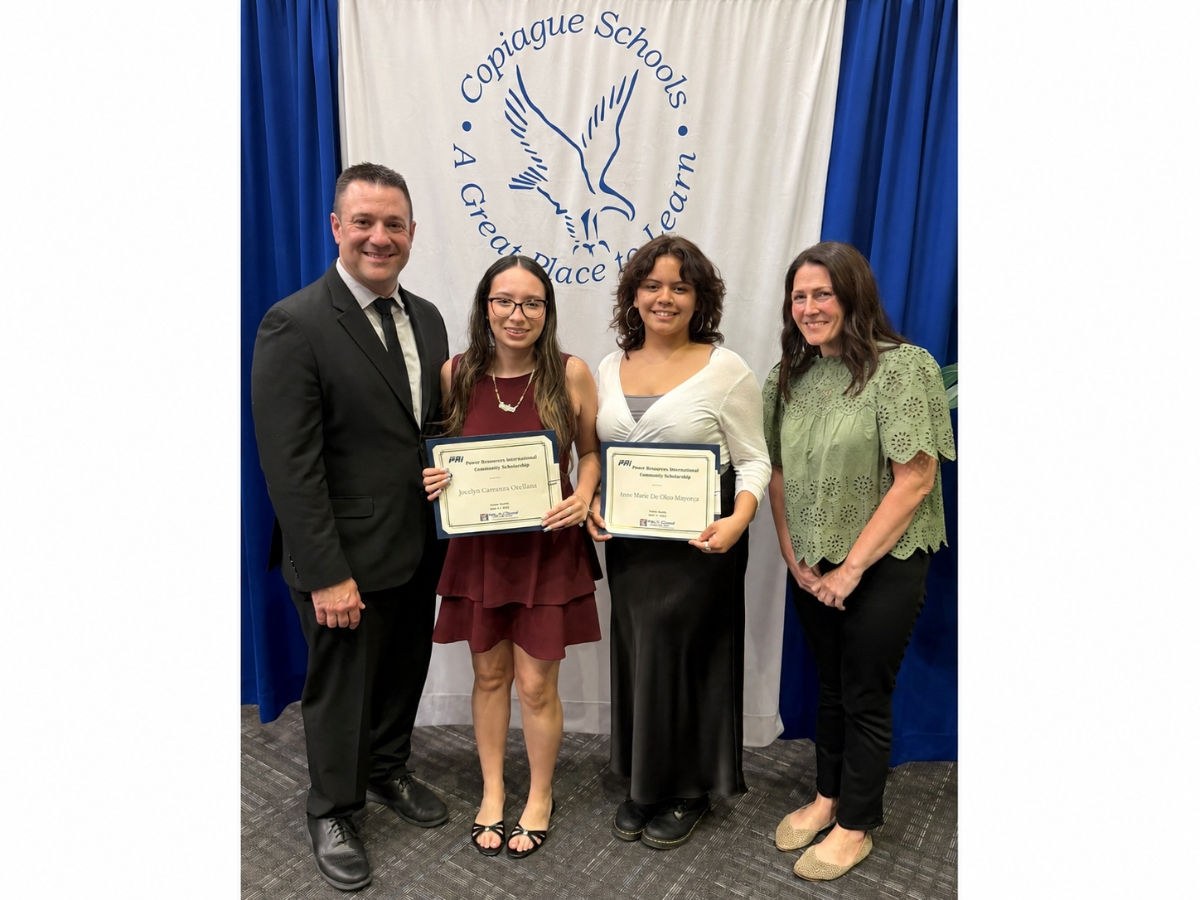 PRI CFO Ellen Morelli-Ford presents scholarships to Copiague High School students Jocelyne Carranza Orellana and Anne DeOleo Mayorga with Assistant Principal David Aguado.