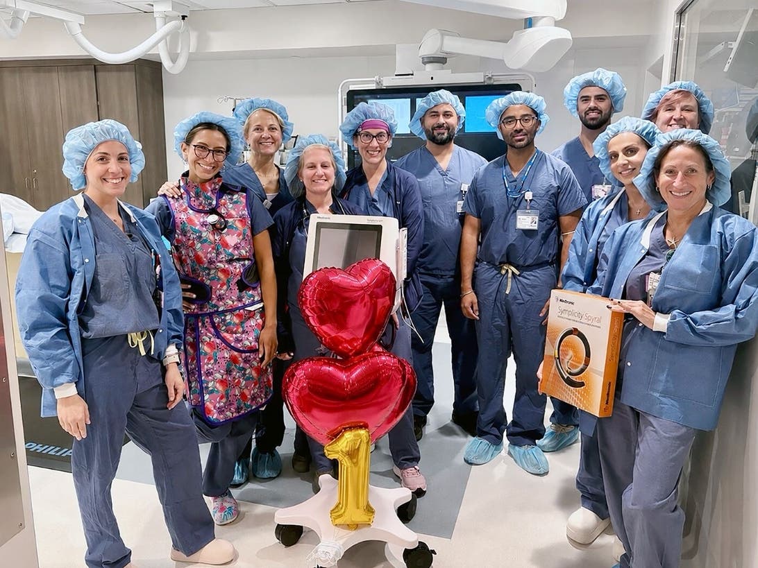 Huntington Hospital's cardiac cath lab team celebrates completion of hospital's first renal denervation procedure.  