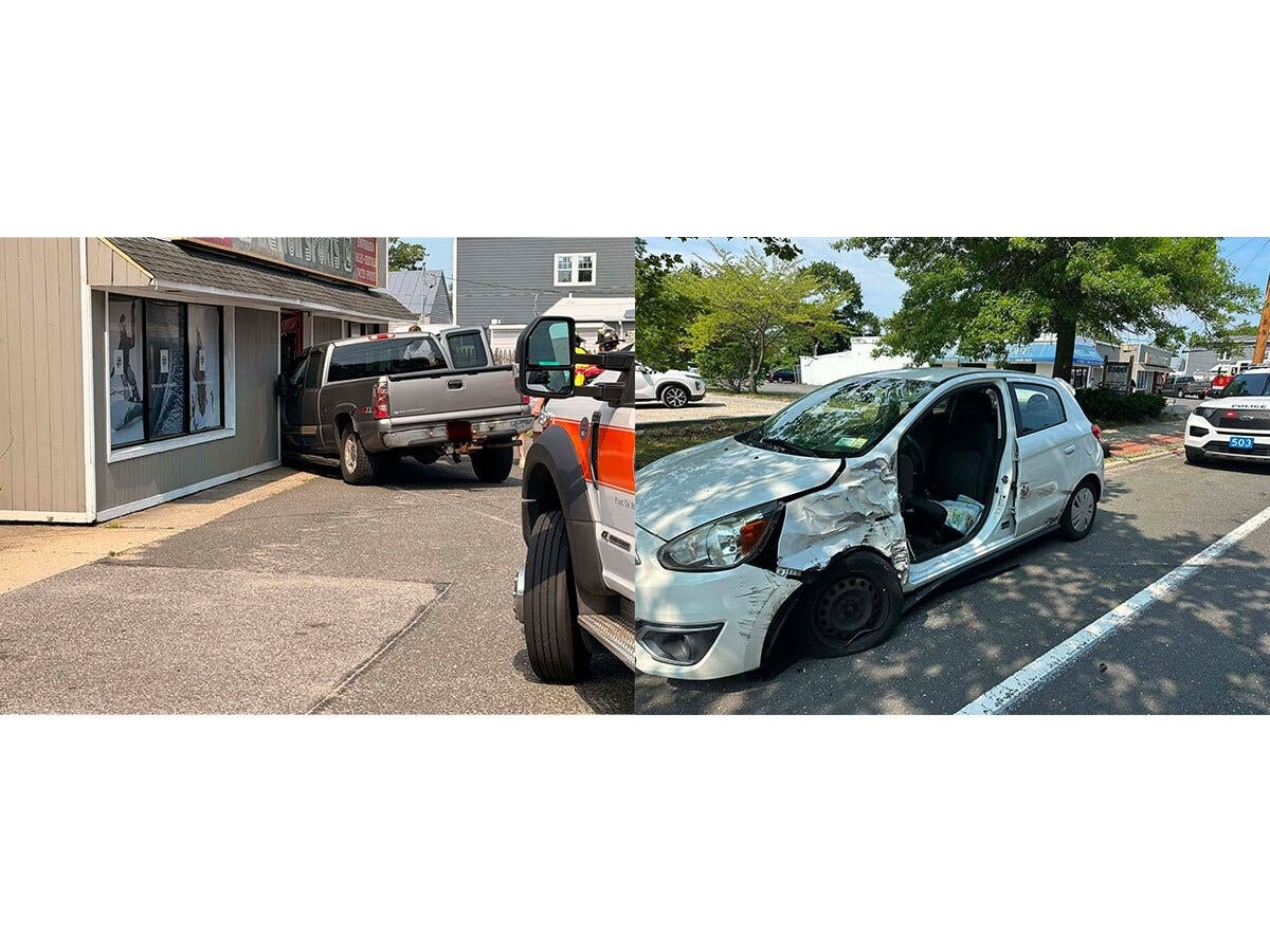 A pickup truck crashed into an Oakdale store after colliding with a sedan on Montauk Highway, fire officials said. Both drivers were hospitalized with minor injuries. 
