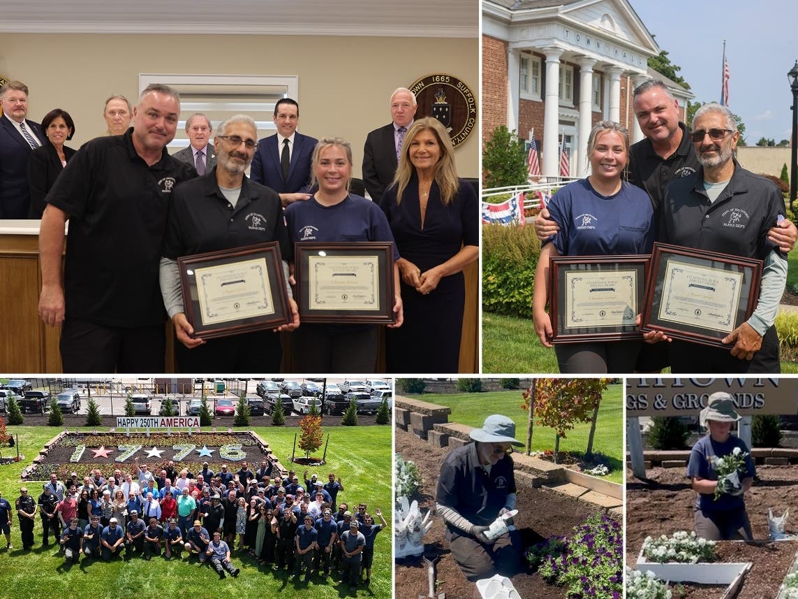 Smithtown Parks Department employees Cheyenne Enlund and Angelo Geraci were honored as the town’s July Exemplary Public Servants for their work on patriotic landscaping and displays for America’s 250th anniversary.