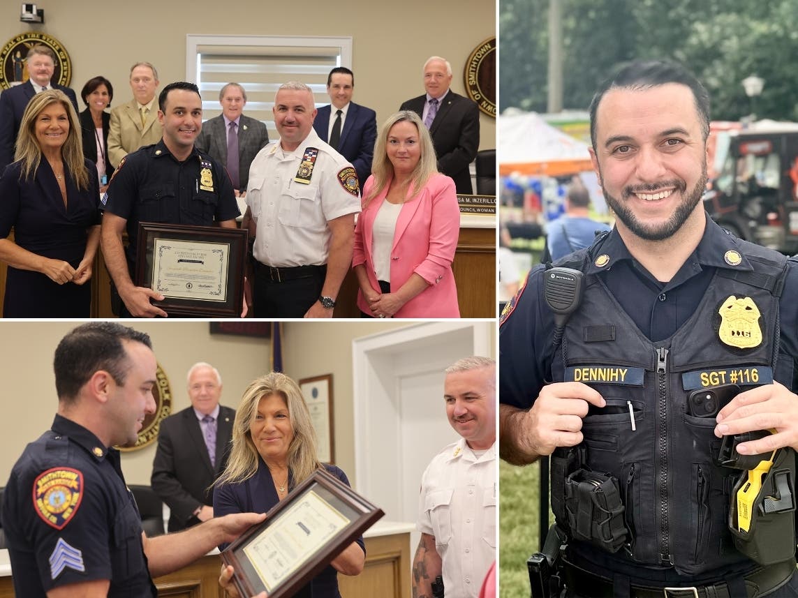 Sergeant Brendan Dennihy holds his August Exemplary Public Servant Award alongside members of the Town of Smithtown Department of Public Safety and town officials. 