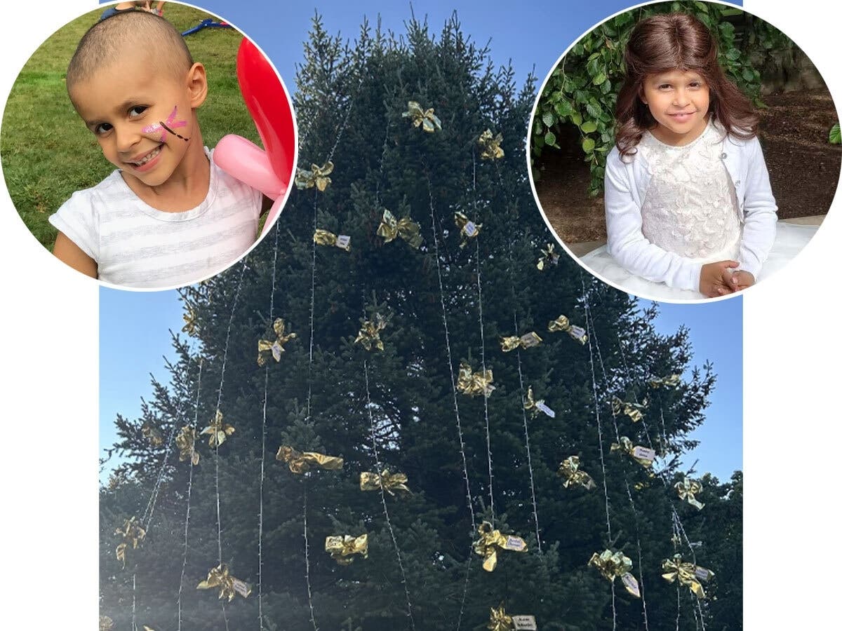 Daniela Conte is pictured in a photo collage alongside the gold-bow tree used in Huntington’s annual Childhood Cancer Awareness Month lighting.