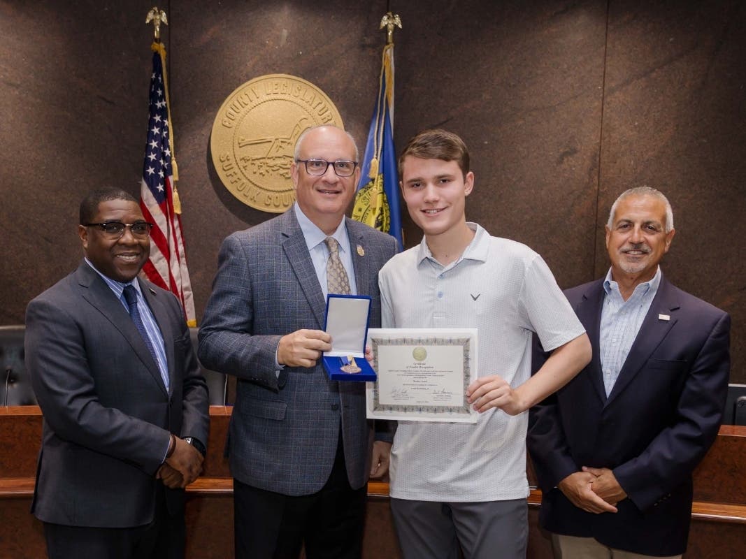 Smithtown High School East student Louis Schmettan Jr. was recently
honored with the Distinguished Youth Award and recognized by the Suffolk County
Legislature.