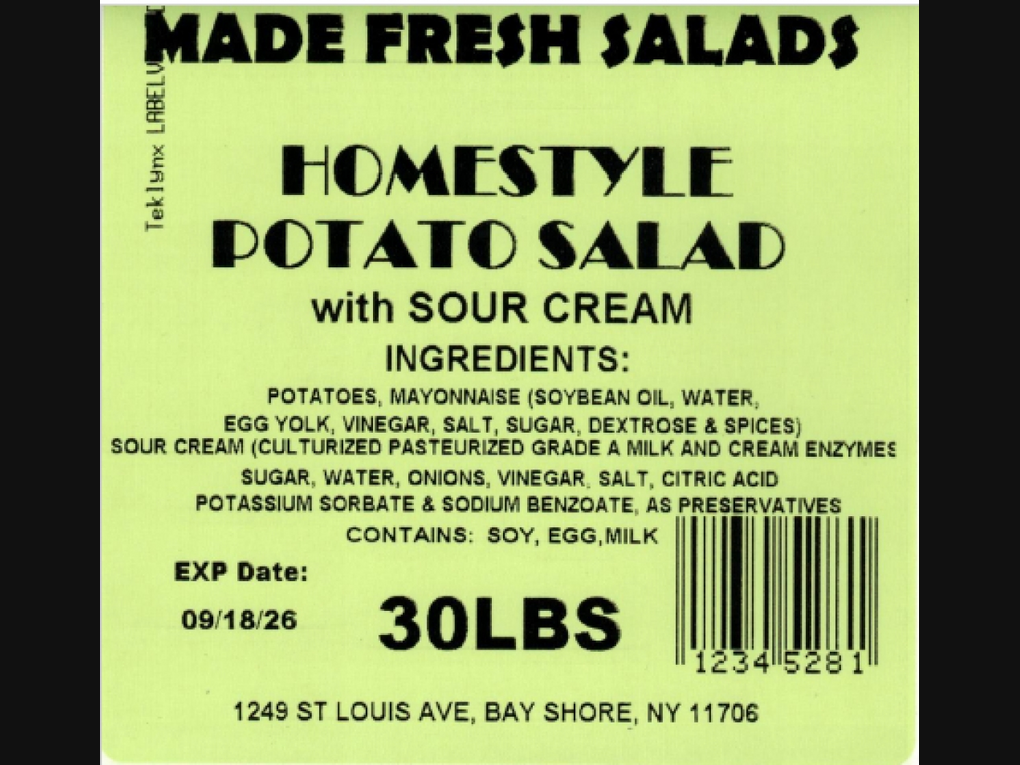 A label for Made Fresh Salads’ 30-pound Homestyle Potato Salad, one of the products included in the company’s recall over possible Listeria contamination.