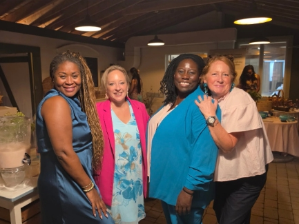 Legislator Rebecca Sanin gathered with attendees at the inaugural Pink & Teal Health & Survivorship Celebration at Rexer Family Farm in Huntington on Sept. 17.