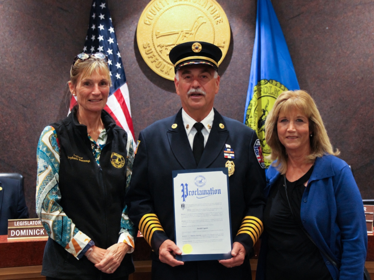 Legislator Bontempi, left, with Suffolk County Legislature’s Volunteer Firefighter Recognition Ceremony’s District 18 Honoree David Caputo, of the Greenlawn Fire Department.