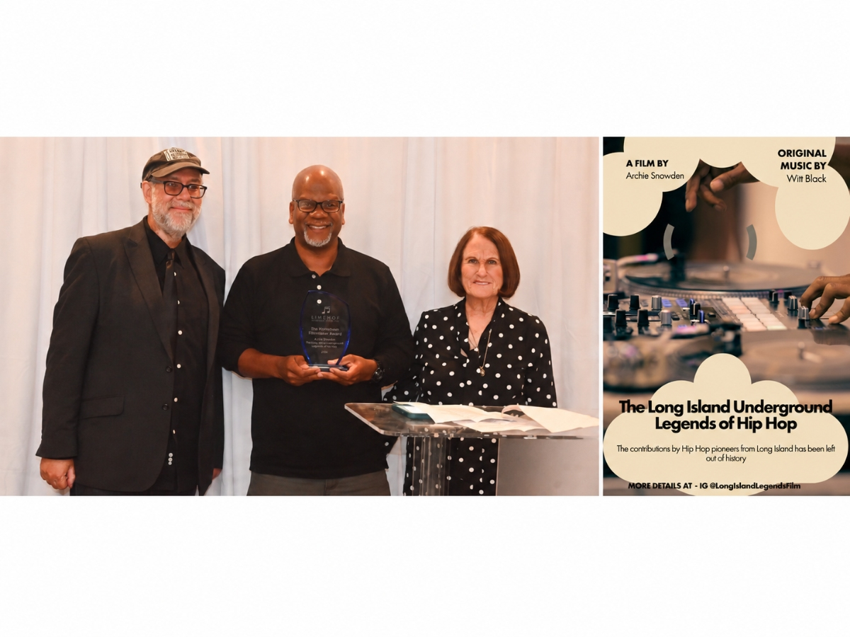 Archie Snowden, center, receives the Long Island Filmmaker Award at the Long Island Music and Entertainment Hall of Fame for his documentary, The Long Island Underground Legends of Hip-Hop.