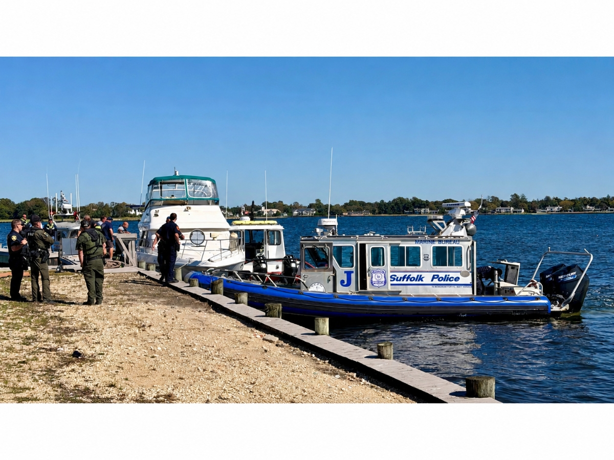 Emergency responders gather near a boat that caught fire near the Bay Shore Marina on Wednesday, Oct. 7. Firefighters extinguished the blaze in the vessel's engine compartment.