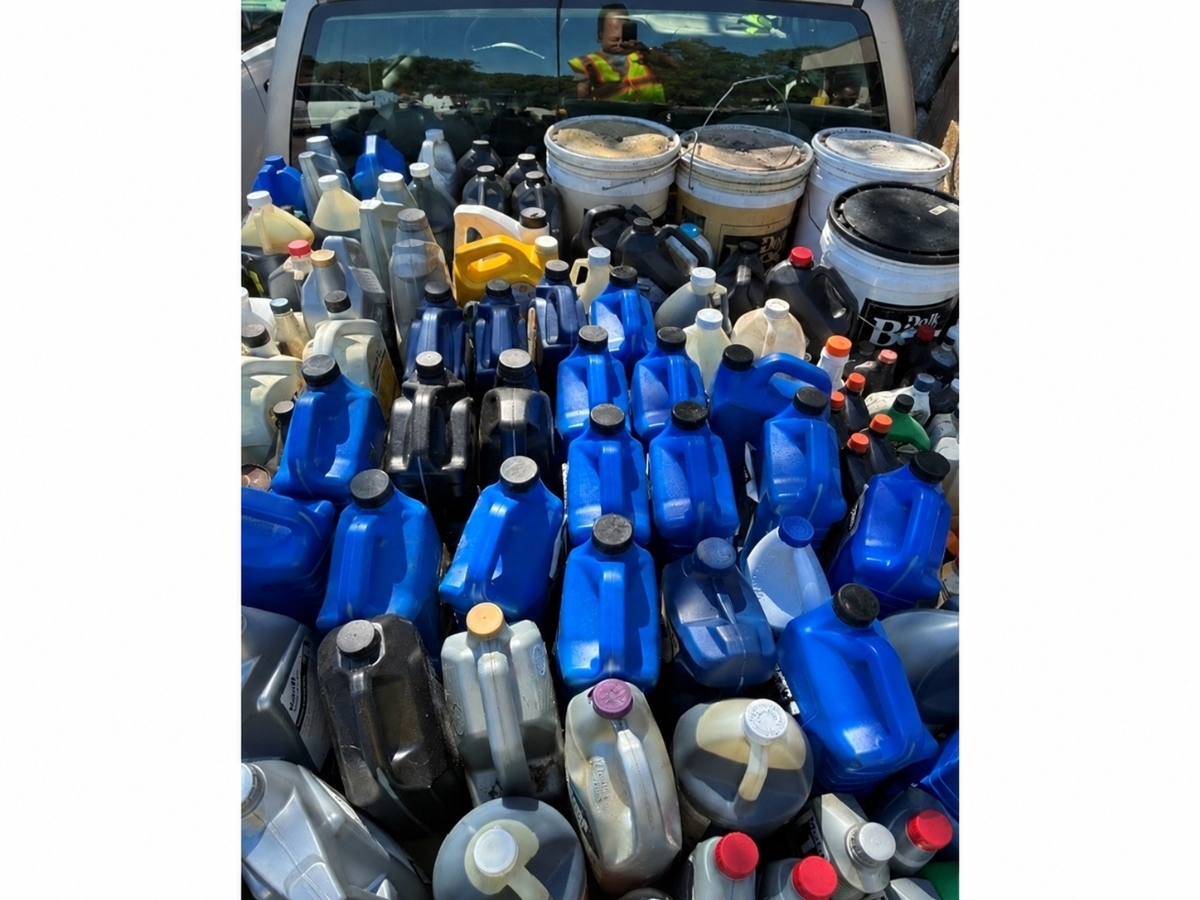 Containers of household hazardous waste collected during the Town of Smithtown's 2026 disposal program, which brought in 101,900 pounds of potentially dangerous materials from residents across three collection events.
