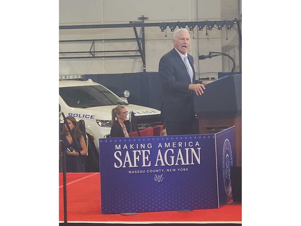 Nassau County Executive Bruce Blakeman speaks at a rally earlier this month. President Donald Trump would later appear at the same rally and call Blakeman a "winner." 