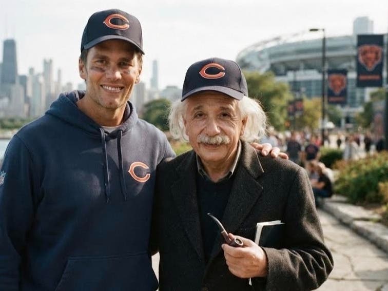 Pictured outside Soldier Field in Chicago in this satirical photo is Hall of Fame quarterback Tom Brady and and physicist Albert Einstein.