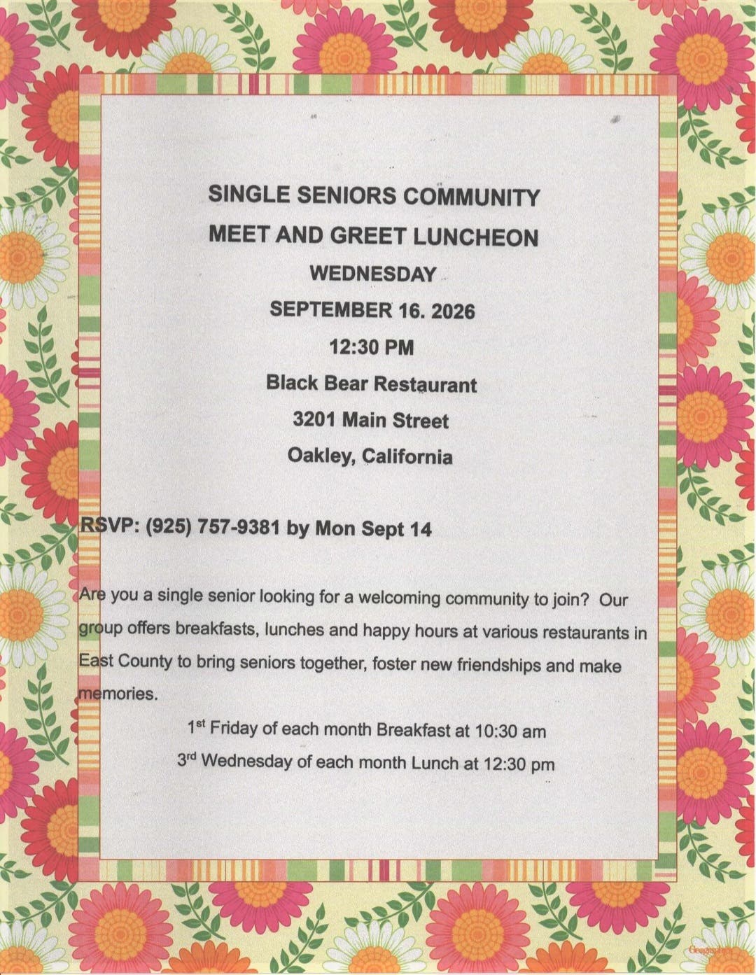 Single Seniors Community Meet & Greet Luncheon 🍽️