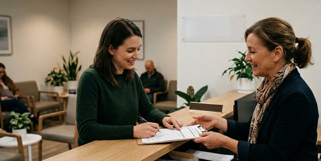 A woman completing clinical intake and assessment paperwork at the reception desk of a Morristown outpatient addiction treatment facility.