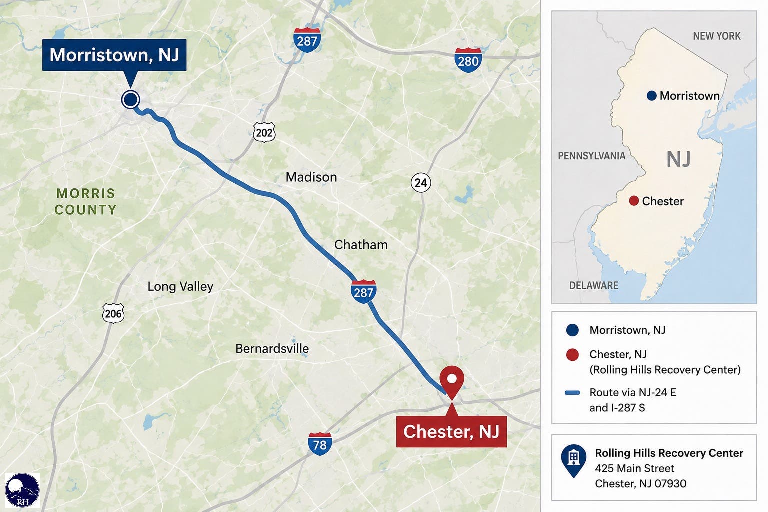 Map showing the location of Chester relative to Morristown in New Jersey