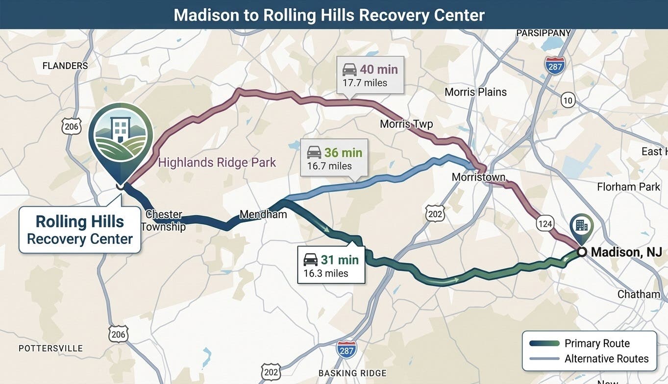 Map illustrating the regional connection between Madison and Rolling Hills Recovery Center in Chester, New Jersey
