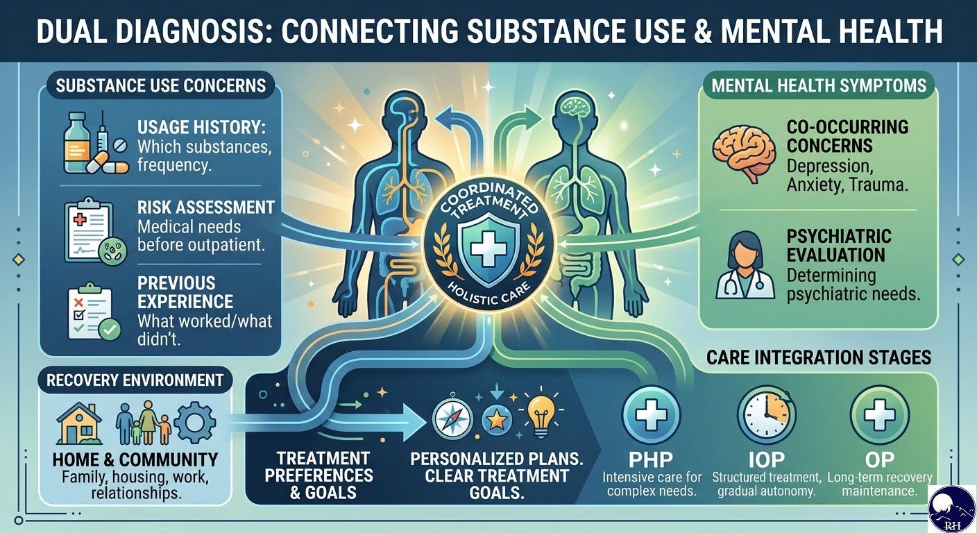 Infographic showing the overlap between substance use and mental health in integrated treatment