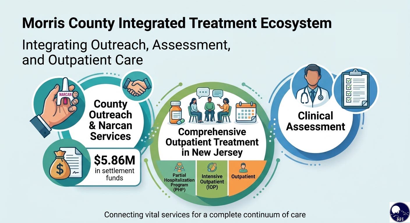 Infographic showing the transition from county outreach to clinical assessment and structured outpatient care at Rolling Hills Recovery Center.