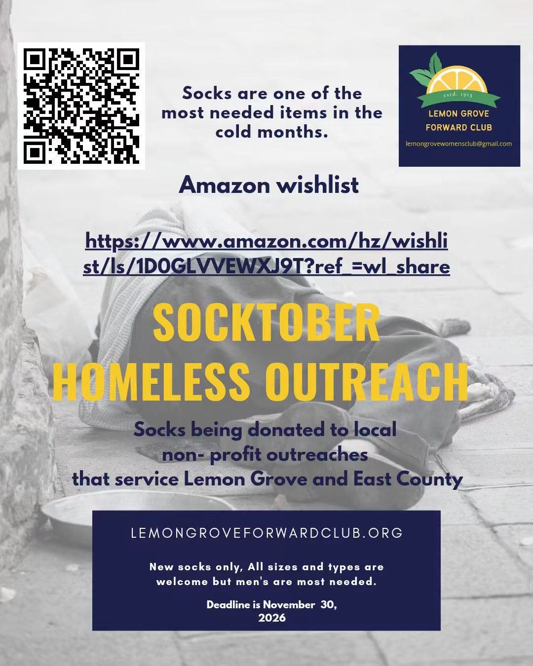 Lemon Grove Forward Club 5th Annual Socktober Homeless Outreach Drive
