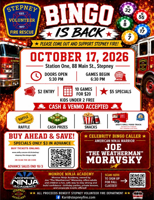 Bingo at Stepney Fire with American Ninja Warrior’s Joe “The Weatherman” Moravsky