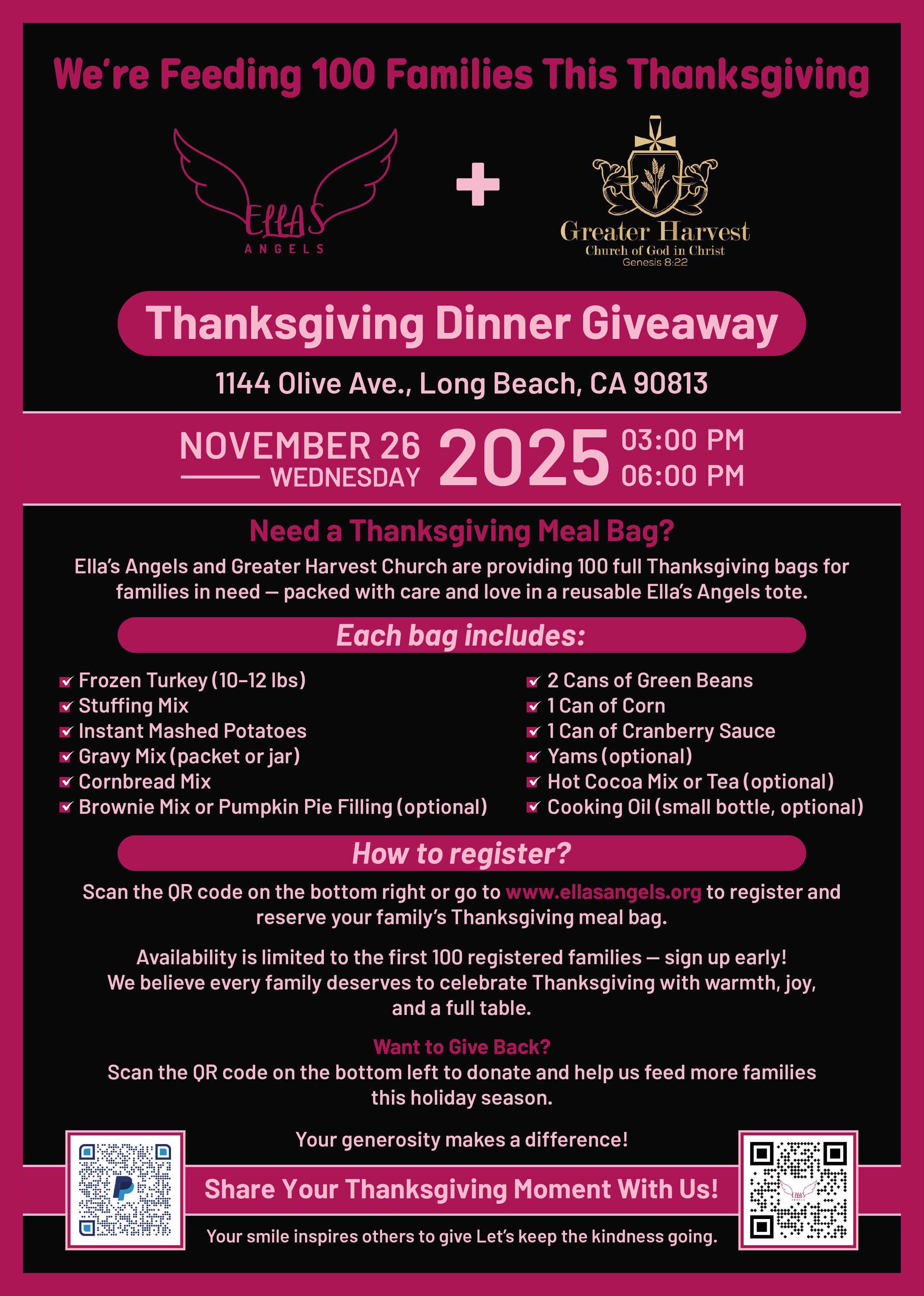 Ella’s Angels Thanksgiving Meal Drive – Free Meals for Families in Need