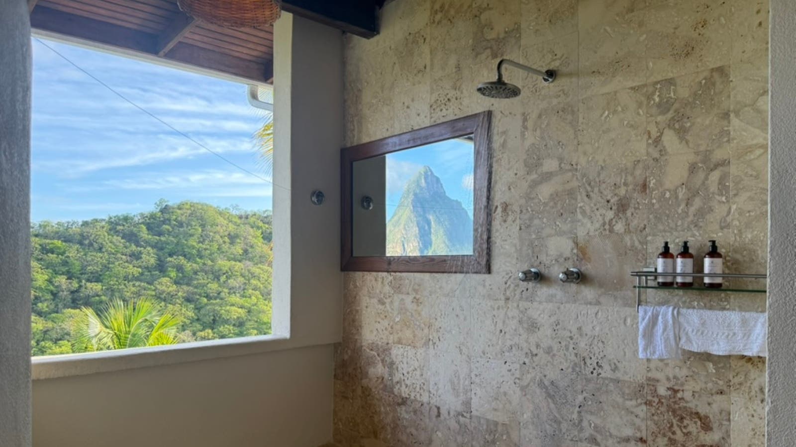 View of the Pitons from our Anse Chastanet Hotel open shower