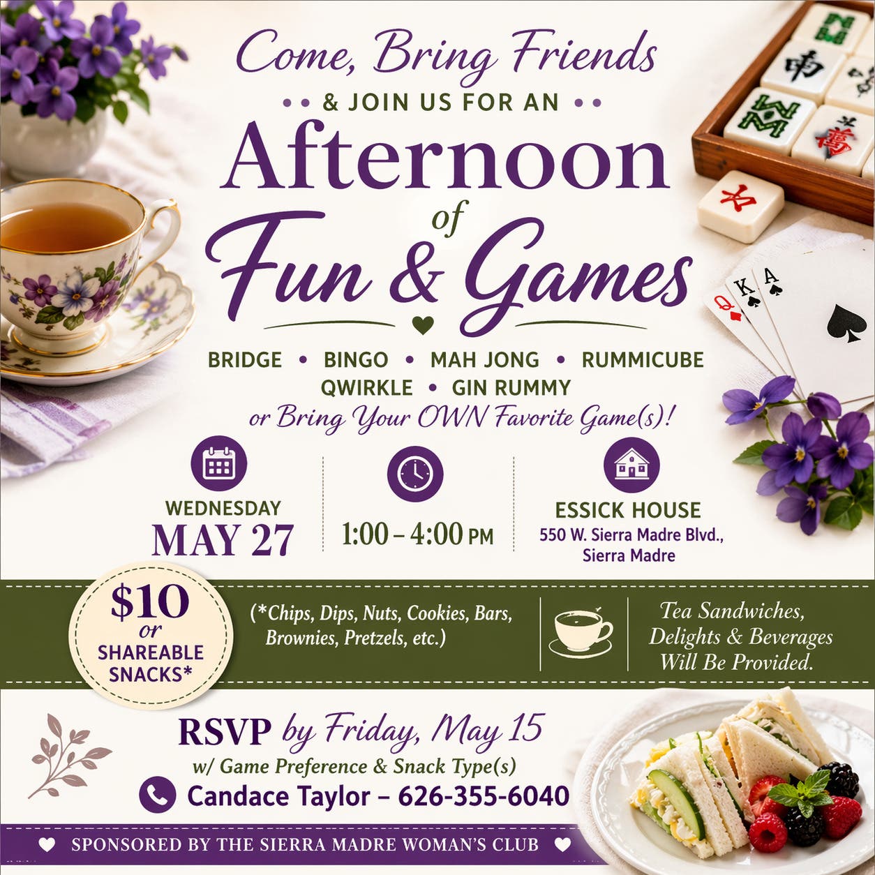 Games Tea-- Bridge, Bingo , Mah Jong, Rummikub, Gin Rummy 