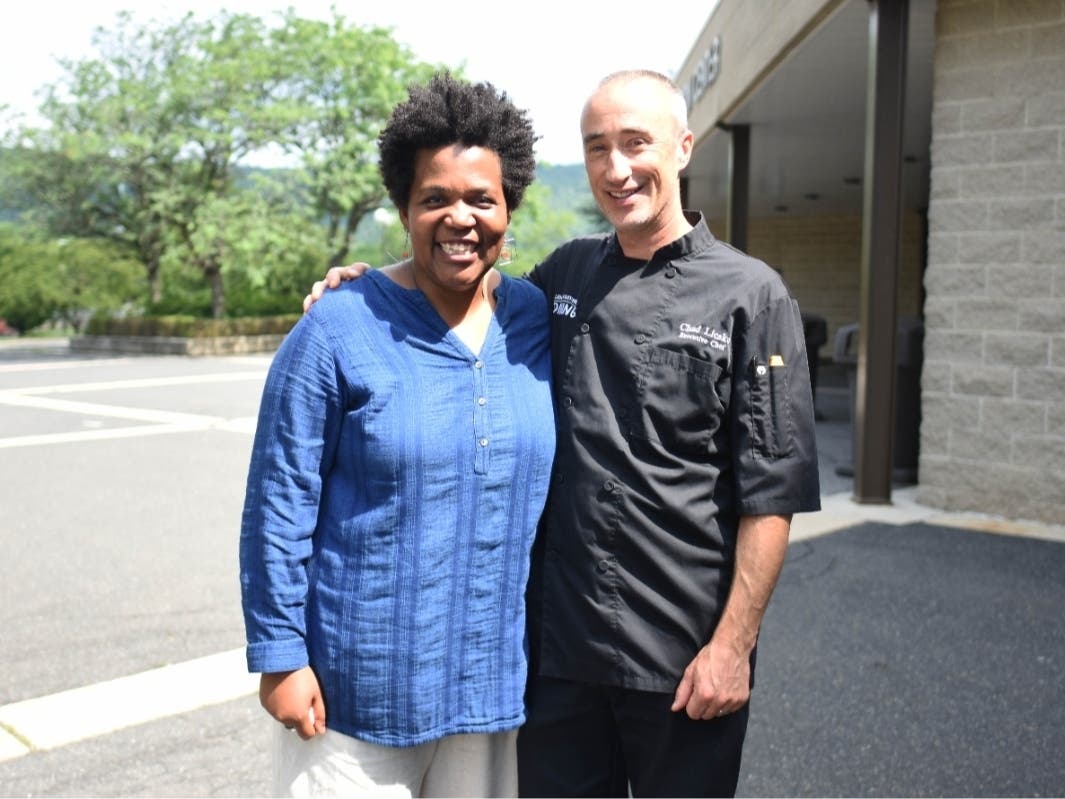 Chef Chad Licsko and Associate Dean of Students Lori McClaind getting ready to film their guest chef featuring Lori's “Capital B” B.L.T.