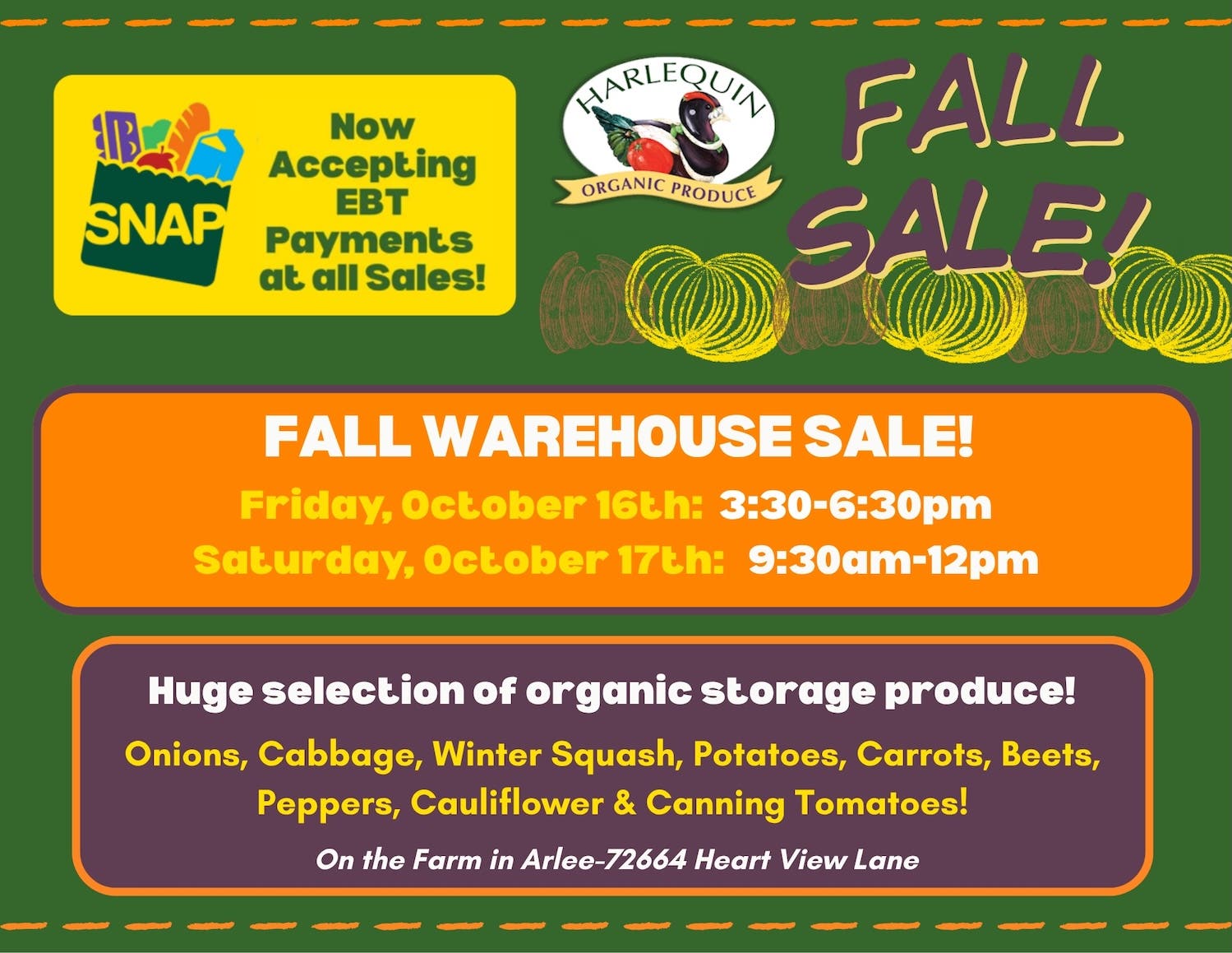 Harlequin Organic Produce Annual Fall Warehouse Sale