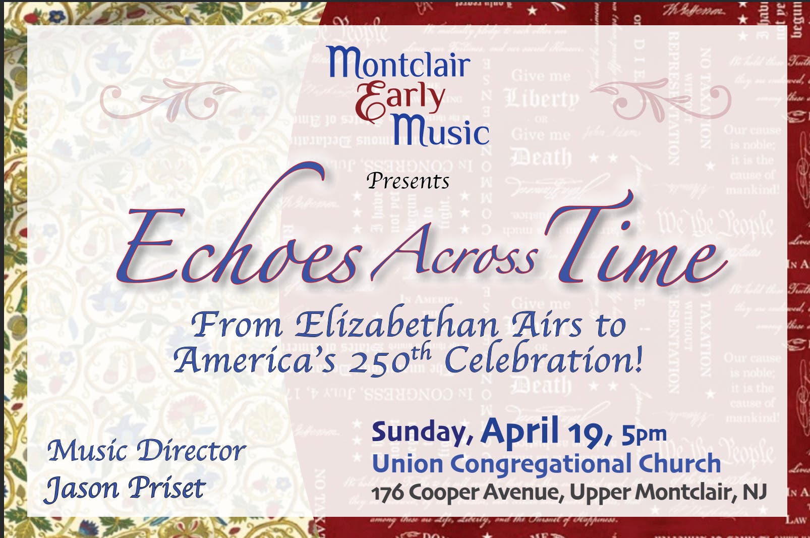 Montclair Early Music: "Echoes Across Time: From Elizabethan Airs to America's 250th Celebration"